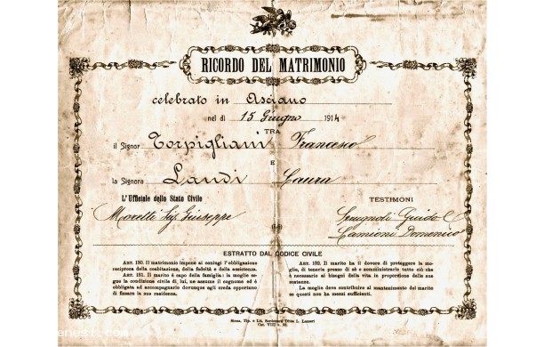 1914, Luned 15 Giugno - Attestato matrimoniale di Francesco Torpigliani